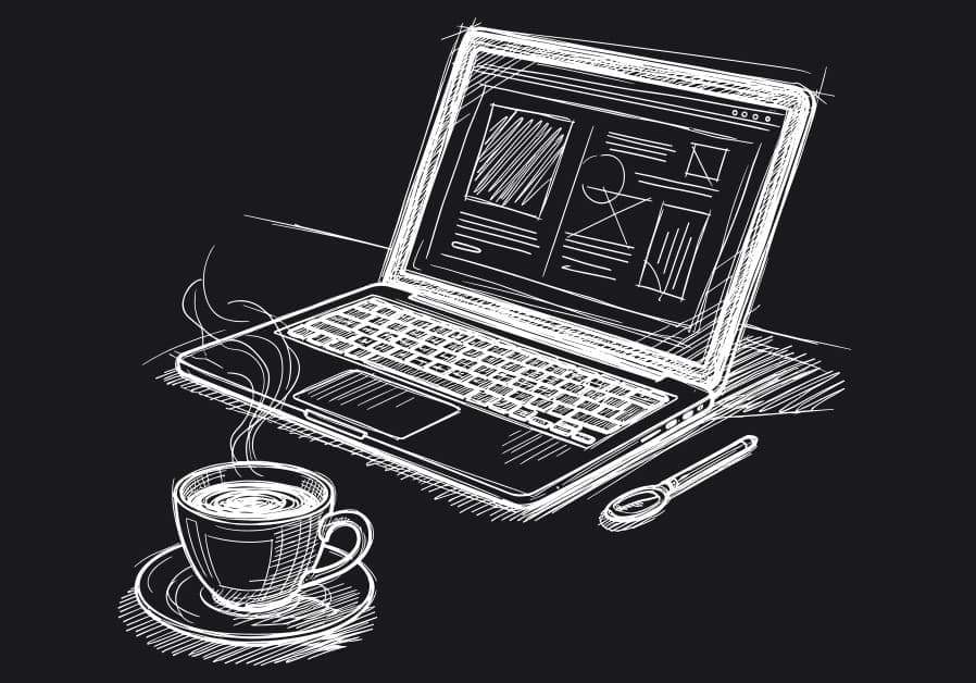 A detailed white-on-black sketch illustration of a creative digital workstation. A central open laptop computer in three-quarter perspective displays a sketchy wireframe for a website or article on its screen, featuring a navigation bar with control icons (like three dots and an 'x' close button), a title placeholder, text blocks, and sketchy media elements like a video player frame with geometric shapes. The keyboard and trackpad are rendered with precise lines. To the left, a steaming cup of coffee sits on a saucer. To the right, a sketched pen rests on the dark surface. All lines are in white on a deep black background, creating a high-contrast blueprint-like effect.