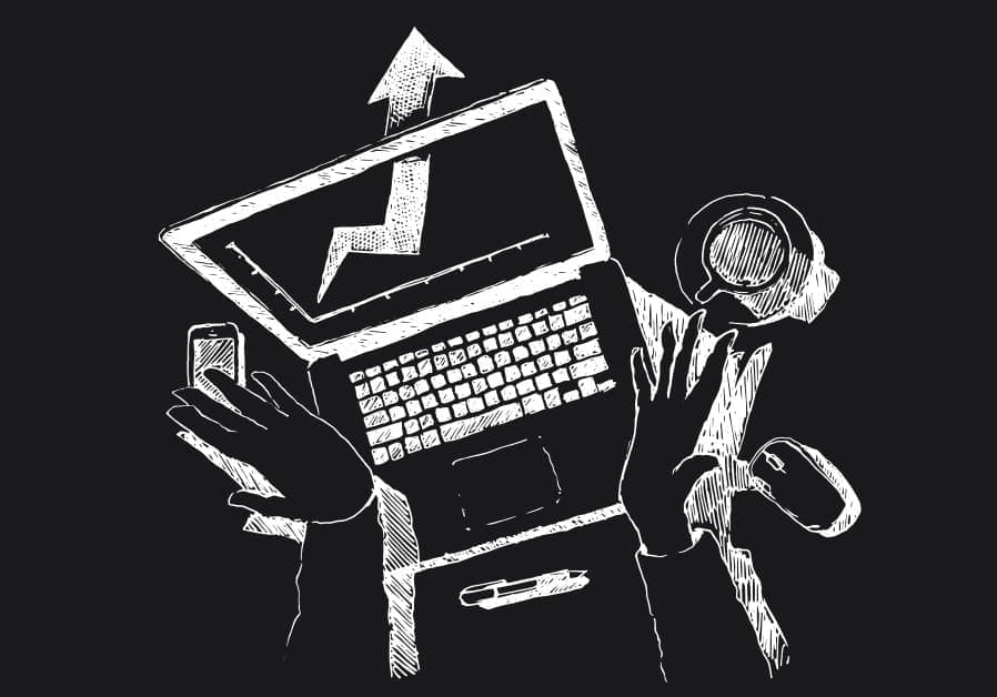 A top-down chalk-style sketch on a dark background showing a laptop with an upward growth arrow on the screen. Multiple hands are busy using a smartphone, a mouse, and a pen, symbolizing the multifaceted approach to digital growth and ecommerce strategy.