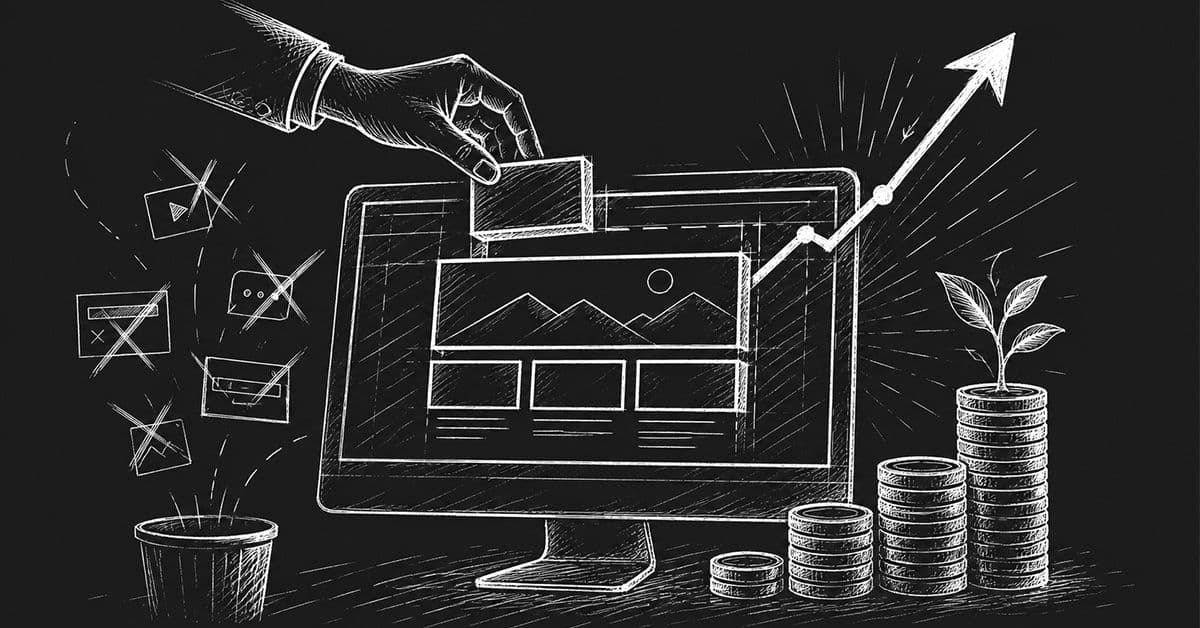 White chalk-style illustration on a black background showing a website wireframe on a desktop monitor, with unnecessary design elements crossed out and discarded on one side, while coins, a sprouting plant, and an upward arrow symbolize smart investment and growth.