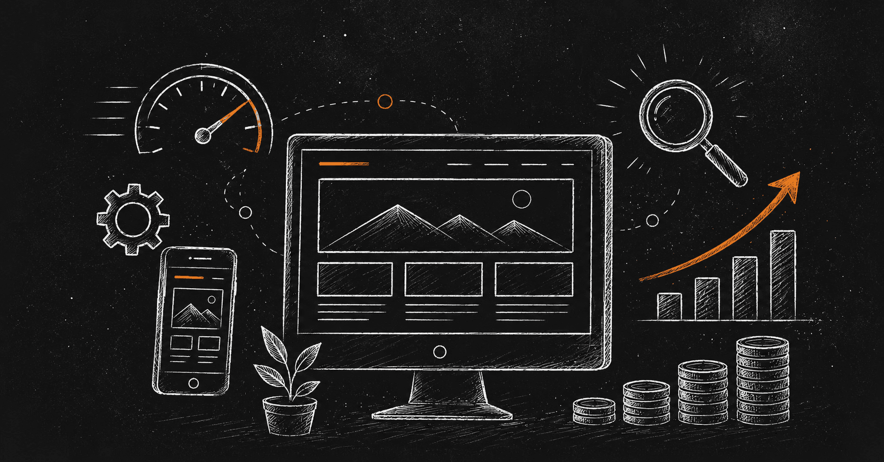 Chalk-style illustration of a modern business website with mobile, SEO, speed and growth elements on a black background.