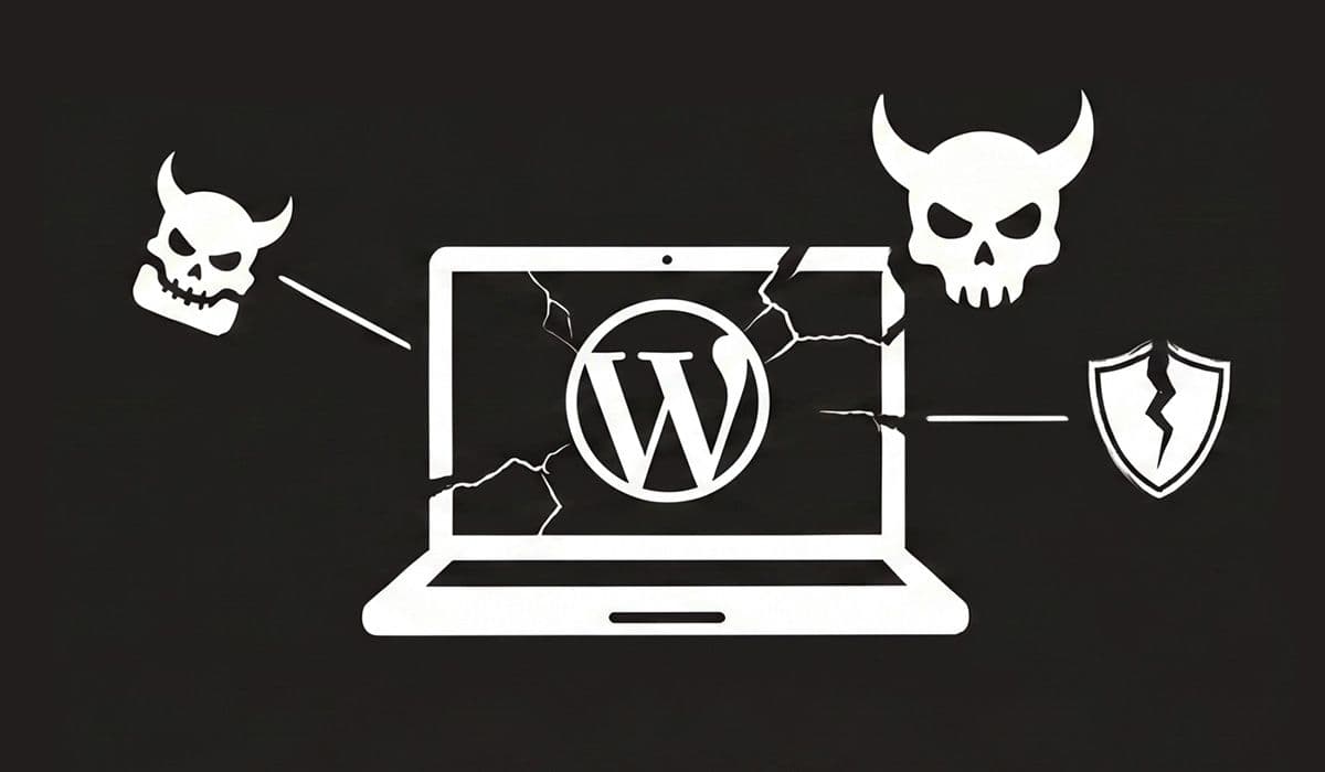 Black and white graphic illustration of a laptop with a cracked screen and a WordPress logo, under attack by hacker symbols (horned skulls) and a broken shield, symbolizing cyber vulnerability caused by plugins.