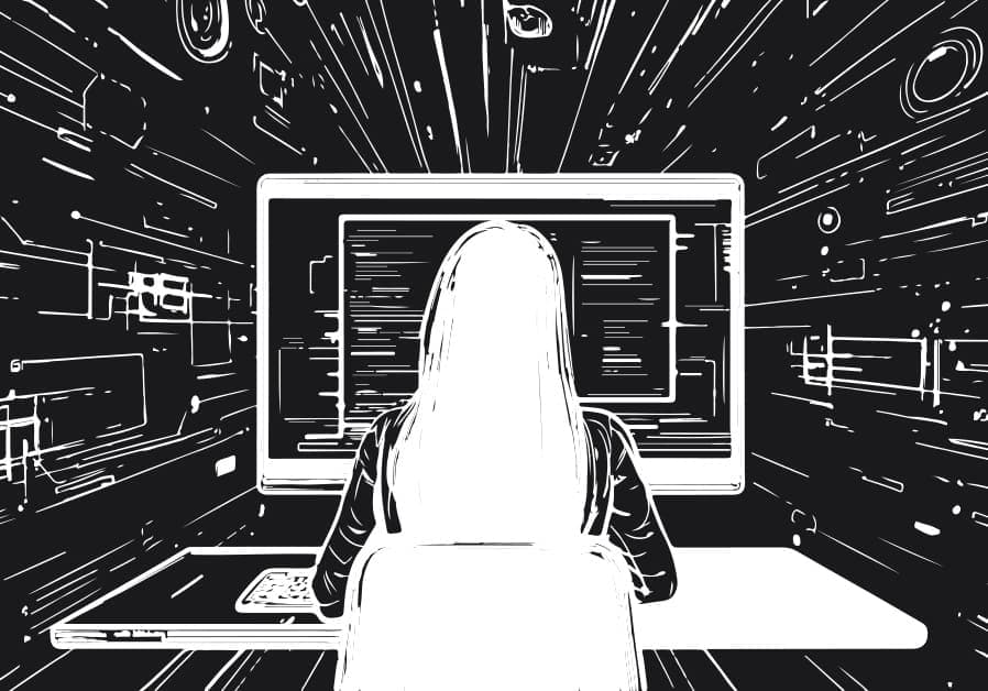 tylized black and white illustration of a developer coding a high-performance static website, symbolizing speed and clean code.