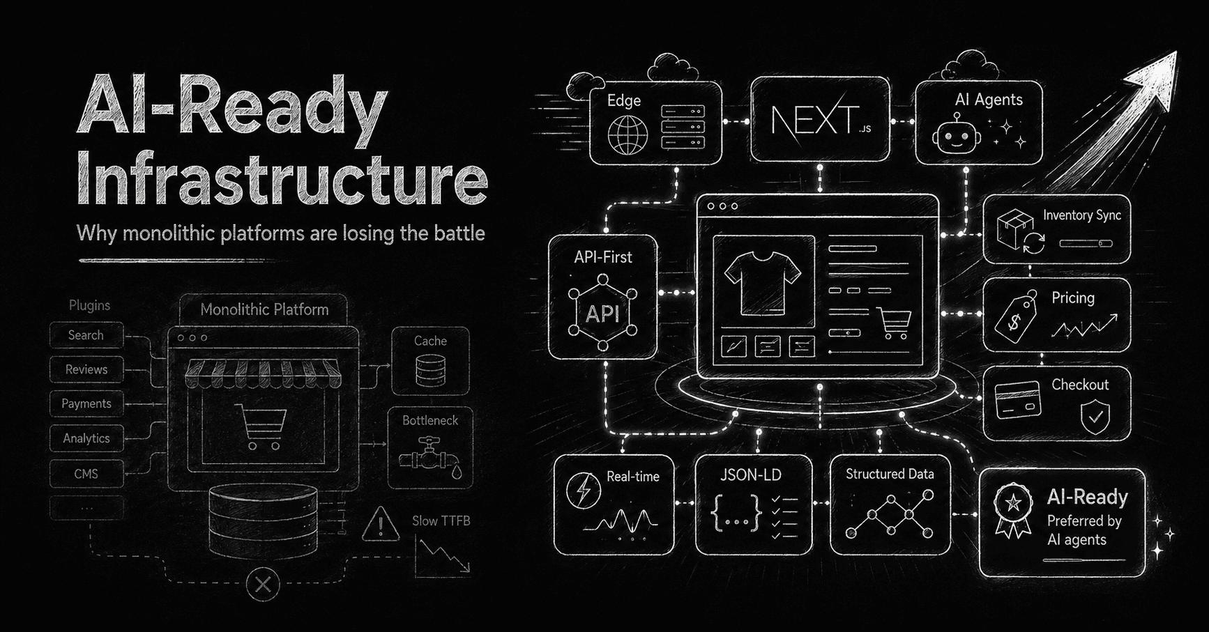 Black-and-white chalk-style illustration comparing outdated monolithic e-commerce platforms with modern AI-ready infrastructure, showing plugins, cache bottlenecks, API-first architecture, Next.js, real-time data, JSON-LD, edge computing, and AI agents.