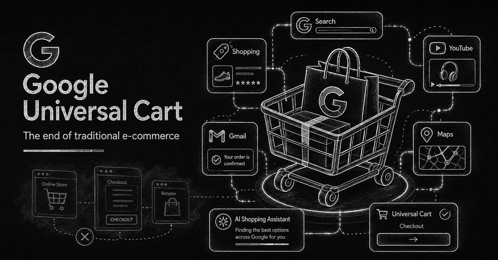 Chalk-style black-and-white illustration of Google Universal Cart, showing a connected shopping cart ecosystem with Search, Shopping, Gmail, YouTube, Maps, AI assistant, and checkout elements, symbolizing the shift from traditional e-commerce to agentic commerce.