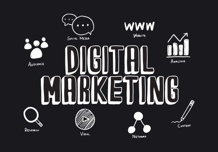 Text "Digital Marketing" and marketing icon's in black and white outline style